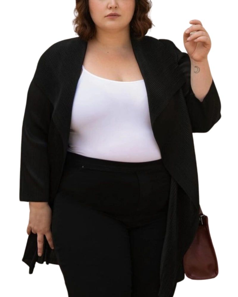 Front of a model wearing a size one-size-fits-all Patricia Mini Accordion Pleats Waterfall Cardigan in Black by ANNICK. | dia_product_style_image_id:310671